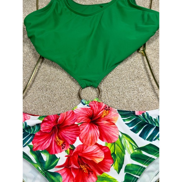 Cut out Small Swimsuit Tropical Floral Ring Cutout Sexy Swimwear Aloha Vacation - Picture 6 of 11